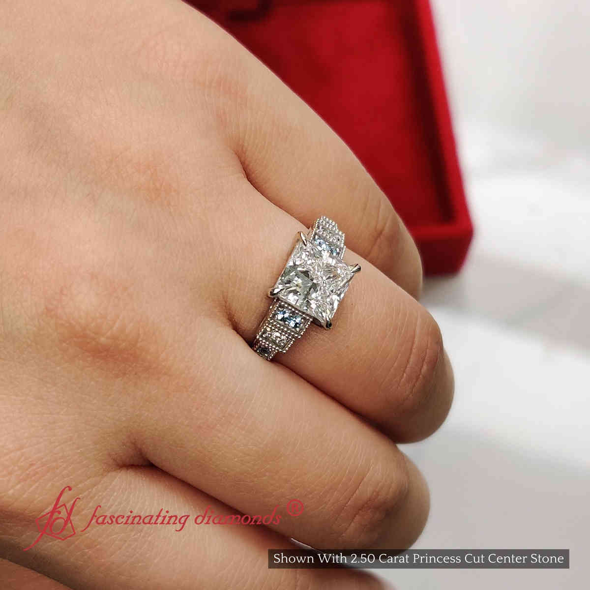 Princess Cut Lab Diamond Art Deco Engagement Ring with 14K White Gold Ice Blue Topaz