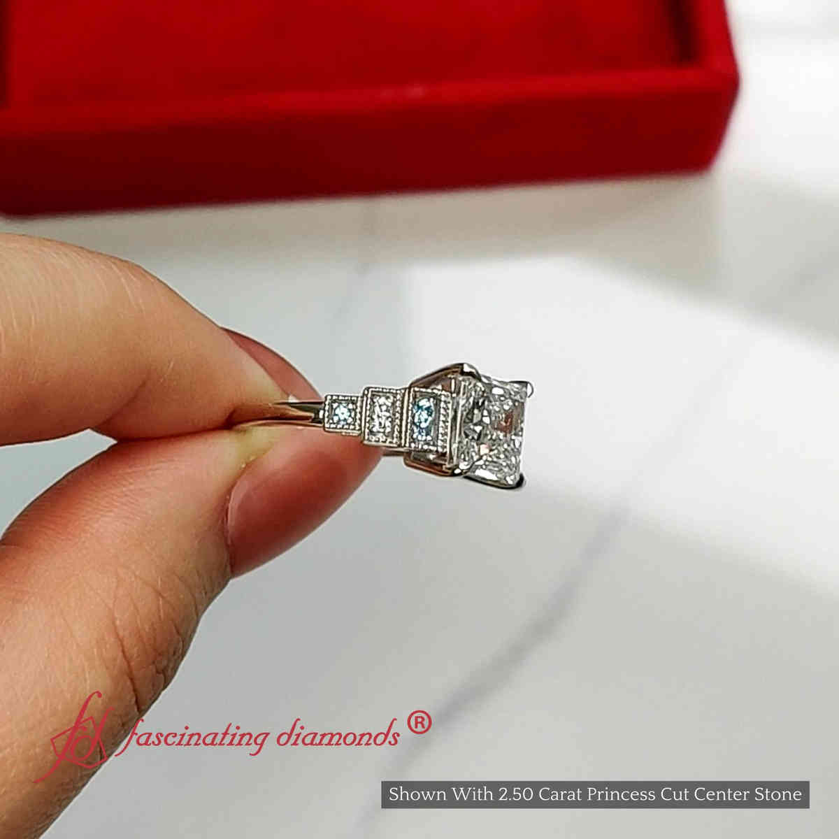 Princess Cut Lab Diamond Art Deco Engagement Ring with 14K White Gold Ice Blue Topaz