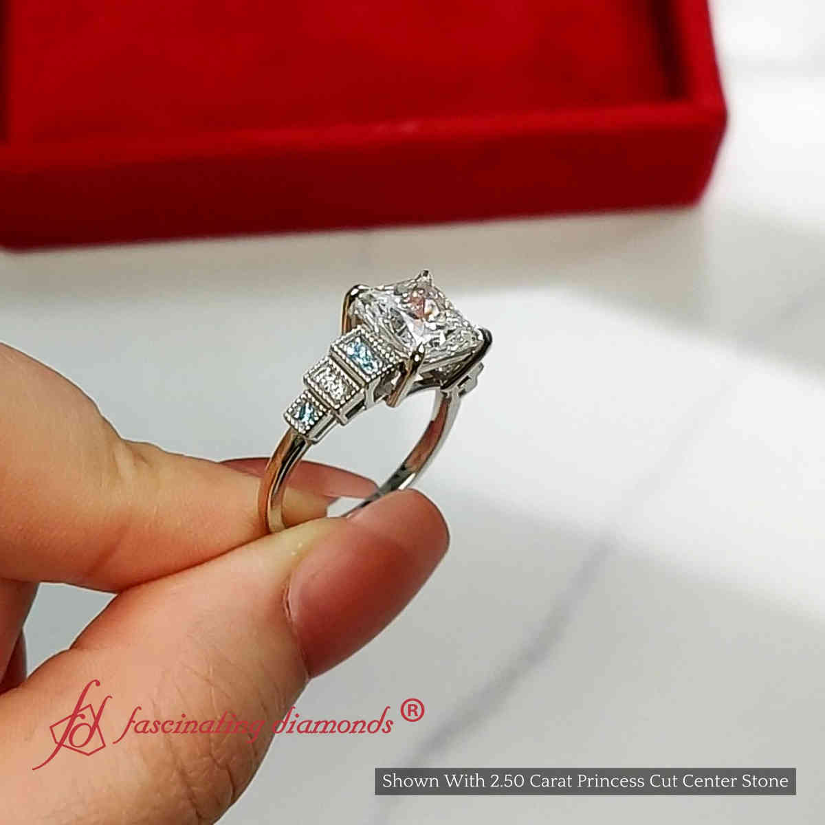Princess Cut Lab Diamond Art Deco Engagement Ring with 14K White Gold Ice Blue Topaz