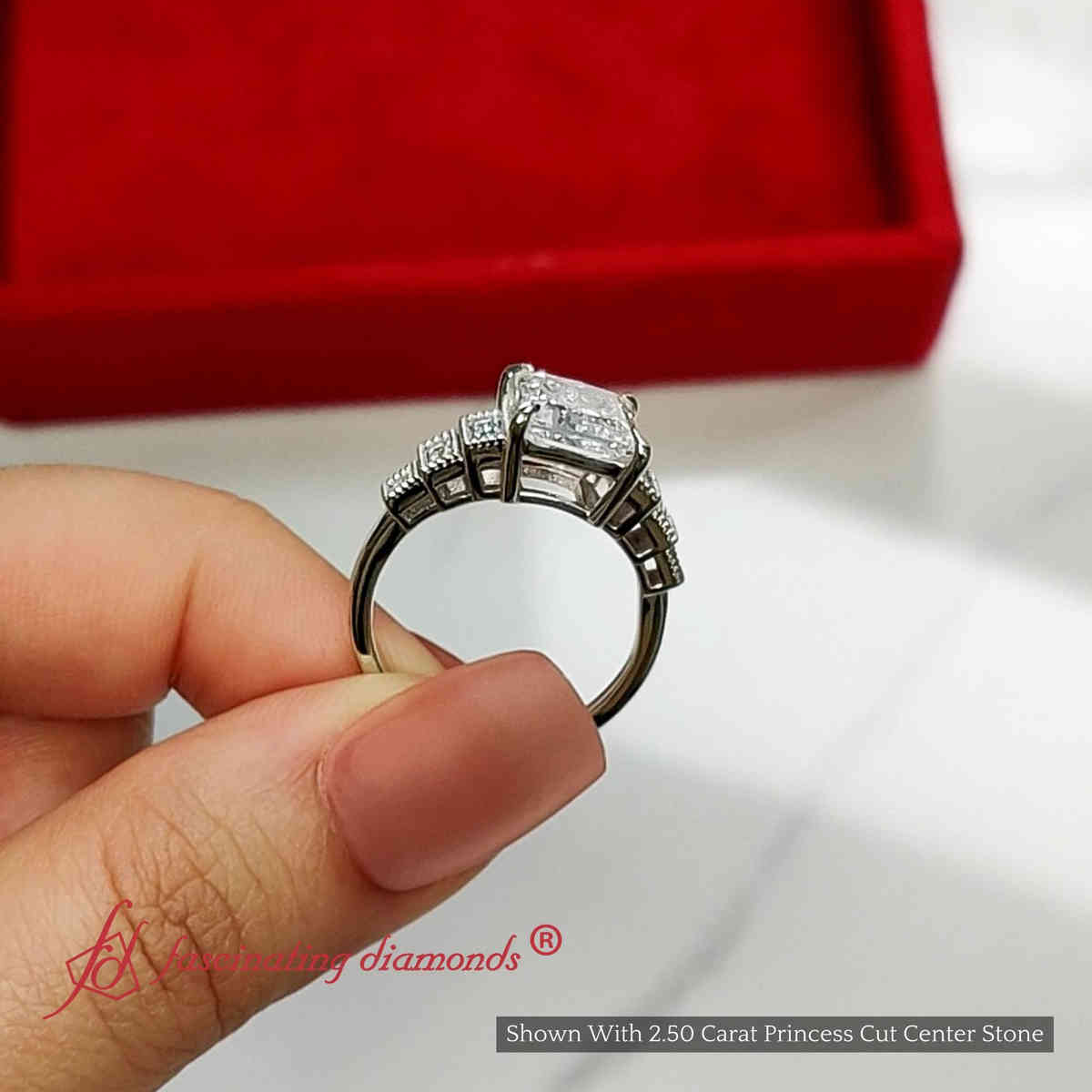 Princess Cut Lab Diamond Art Deco Engagement Ring with 14K White Gold Ice Blue Topaz