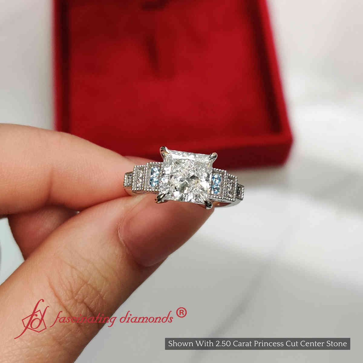 Princess Cut Lab Diamond Art Deco Engagement Ring with 14K White Gold Ice Blue Topaz
